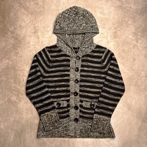 Vintage Y2K Striped Knit Hooded Cardigan Sweater Brown Boho Shabby Chic Indie
